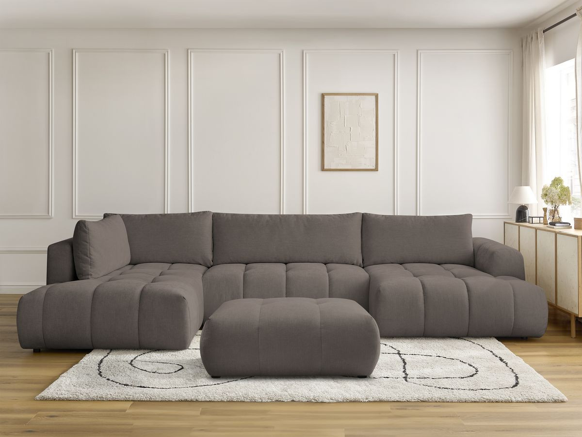 Canapé panoramique convertible FUJI tissu lisse avec pouf
