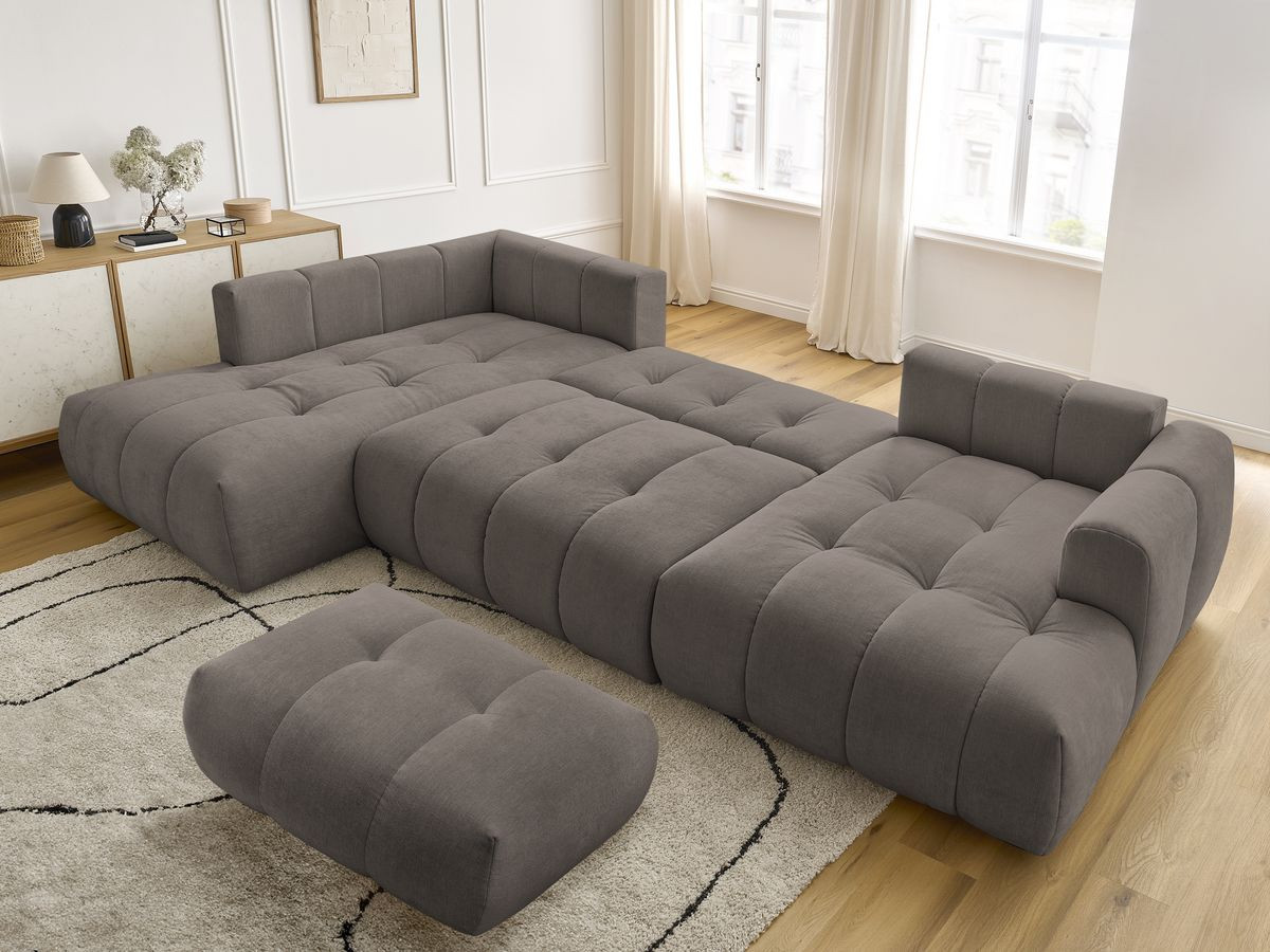 Canapé panoramique convertible FUJI tissu lisse avec pouf