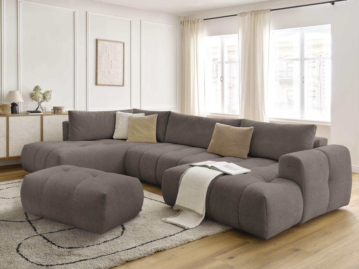 Canapé panoramique convertible FUJI tissu lisse avec pouf