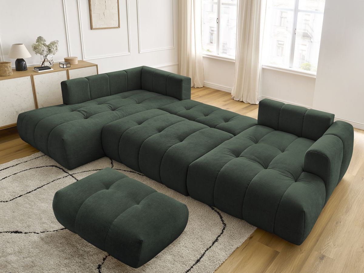 Canapé panoramique convertible FUJI tissu lisse avec pouf