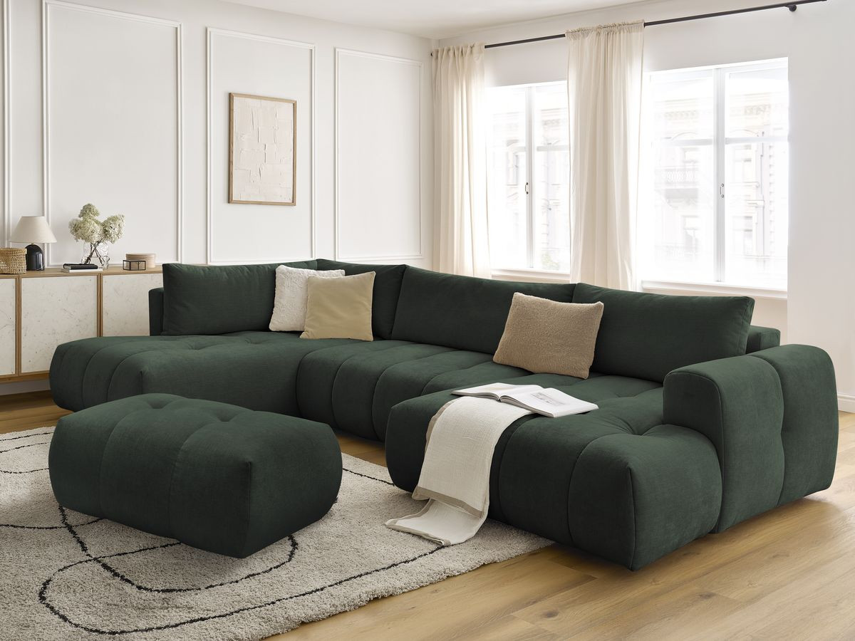 Canapé panoramique convertible FUJI tissu lisse avec pouf