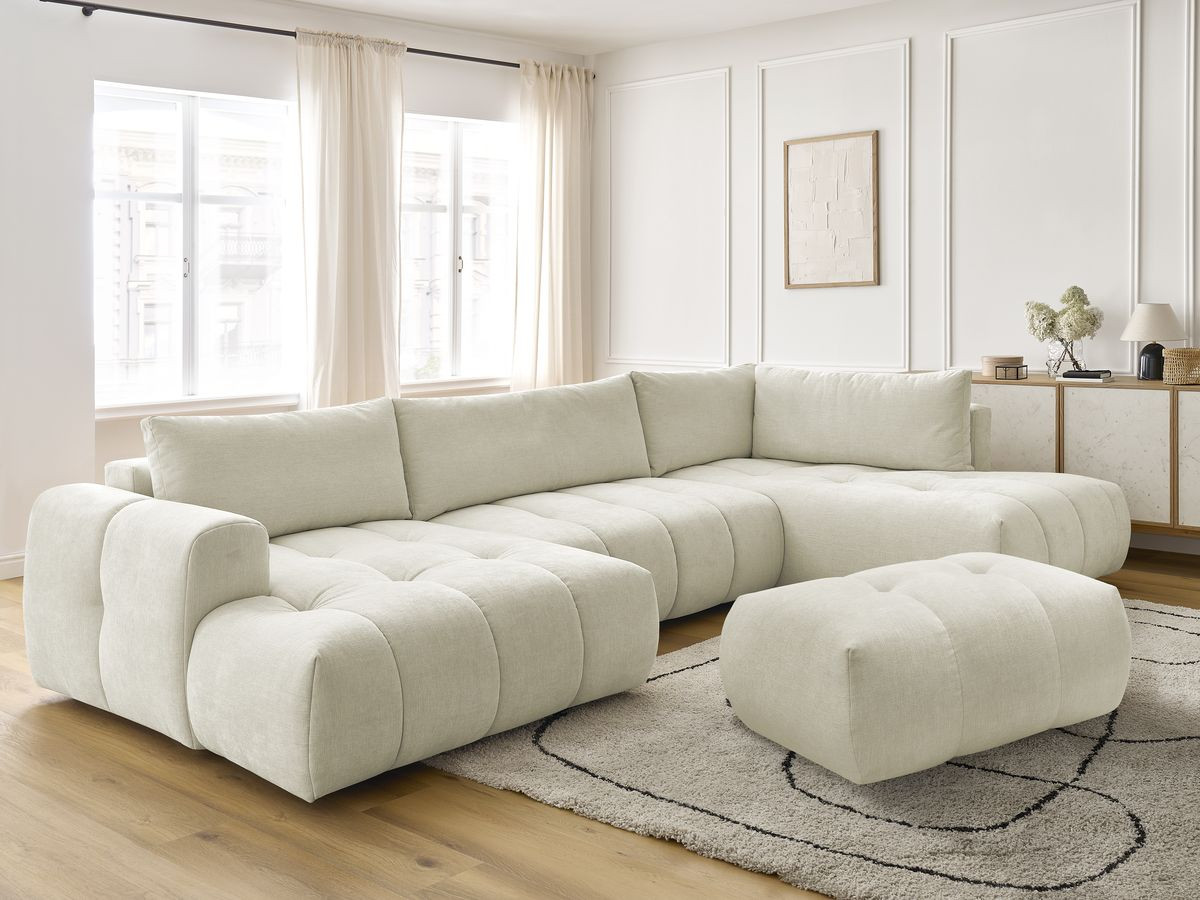 Canapé panoramique convertible FUJI tissu lisse avec pouf