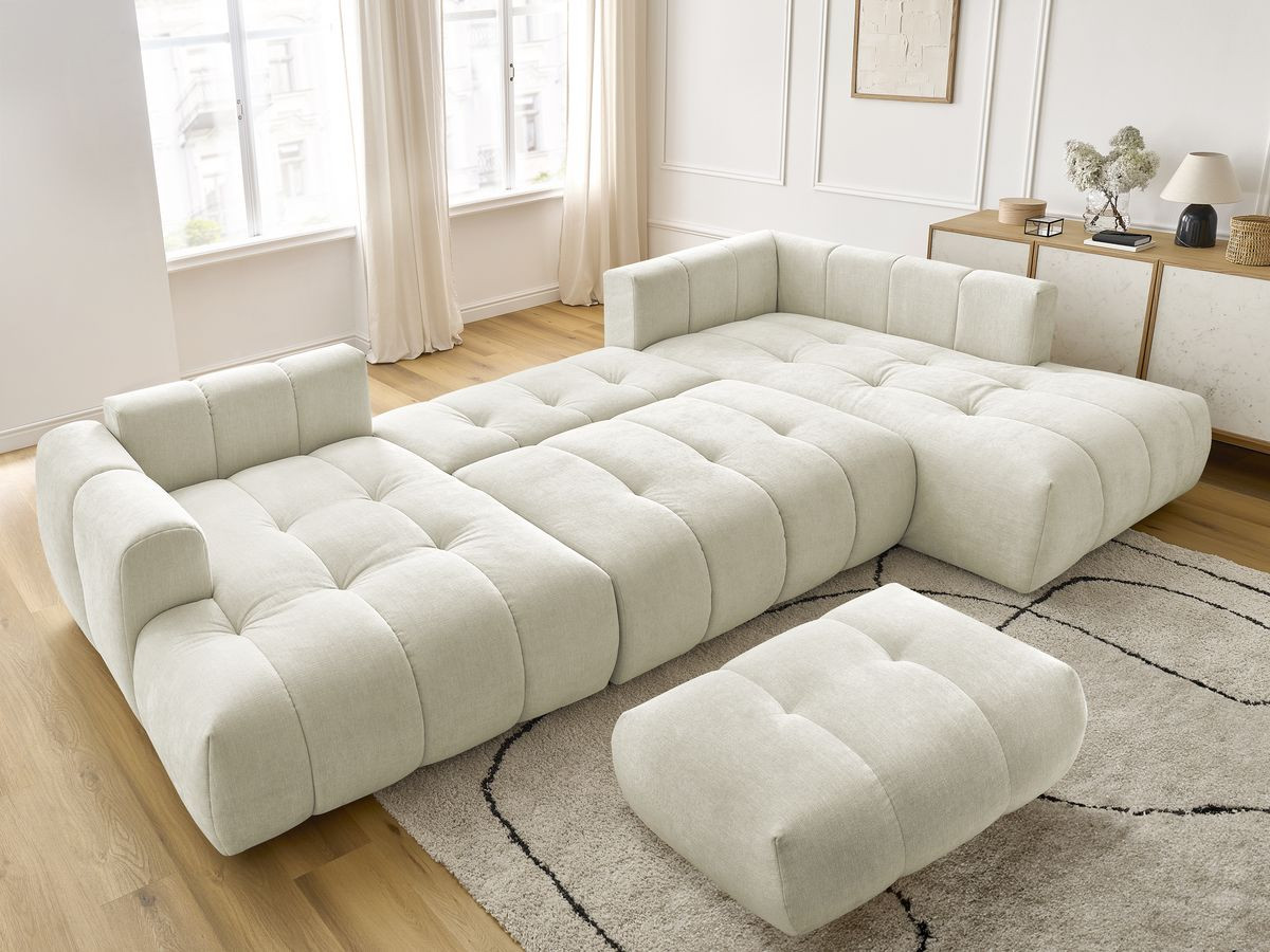 Canapé panoramique convertible FUJI tissu lisse avec pouf