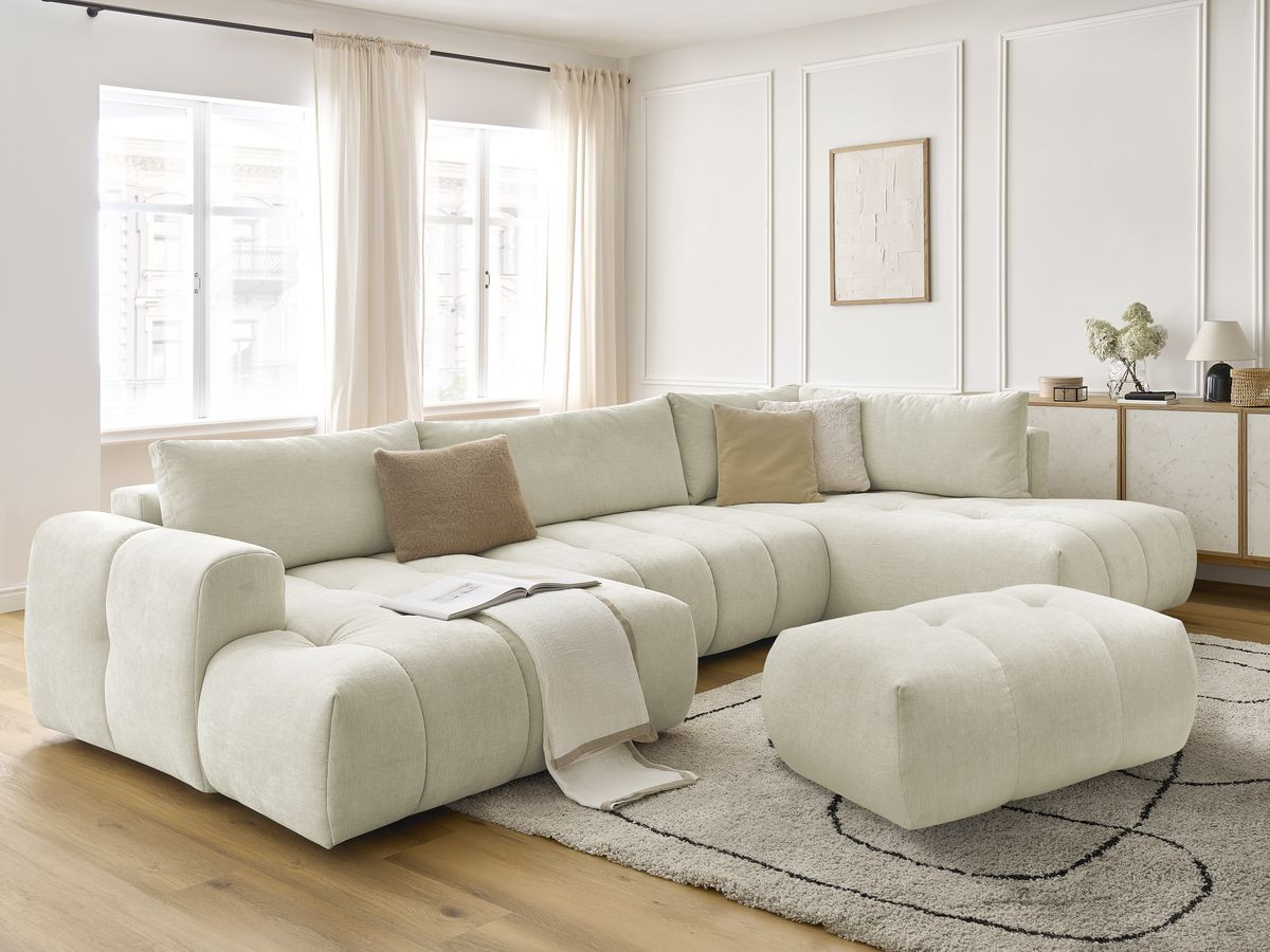 Canapé panoramique convertible FUJI tissu lisse avec pouf
