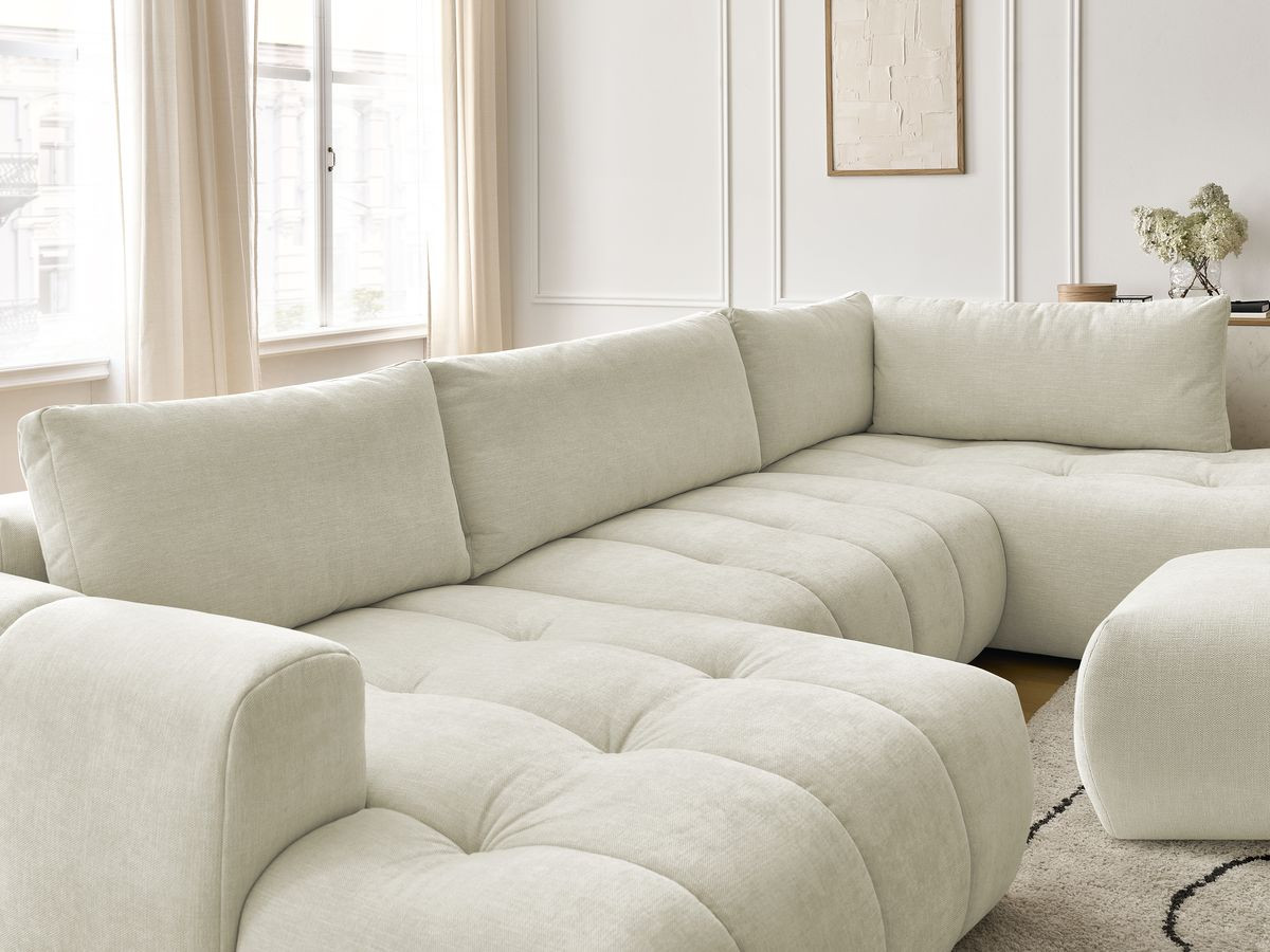 Canapé panoramique convertible FUJI tissu lisse avec pouf