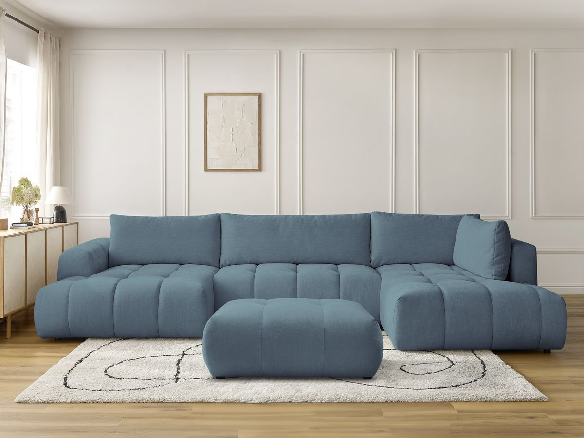 Canapé panoramique convertible FUJI tissu lisse avec pouf