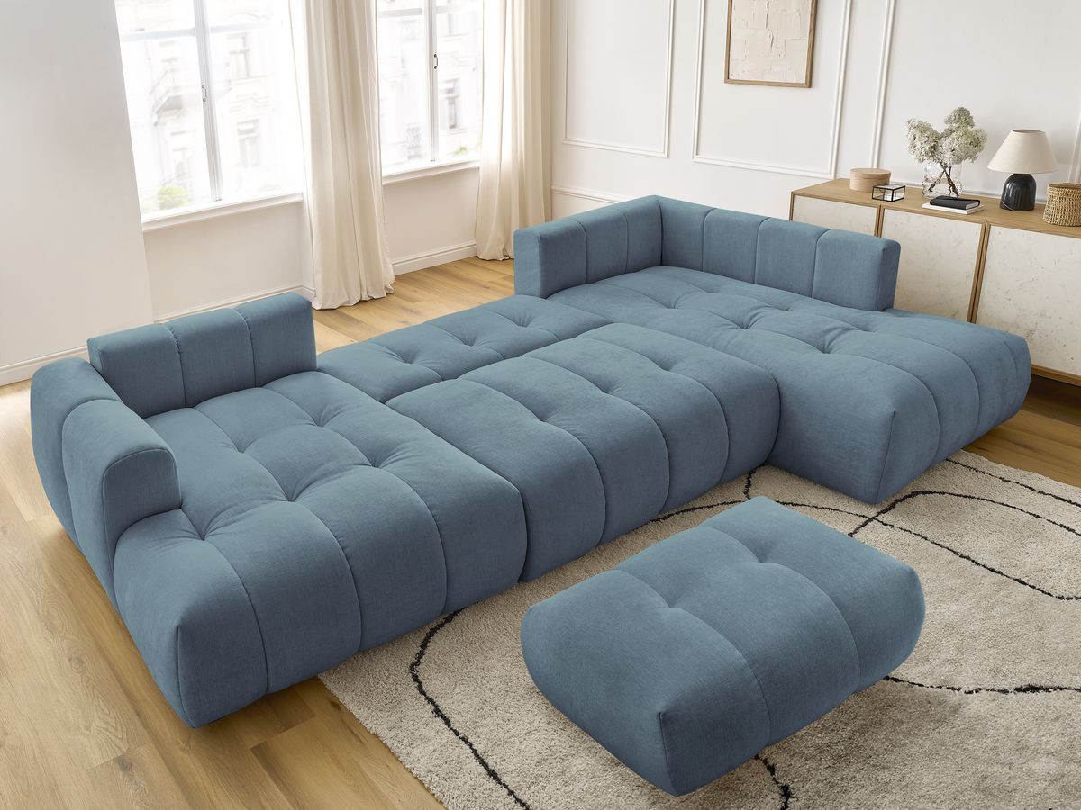 Canapé panoramique convertible FUJI tissu lisse avec pouf