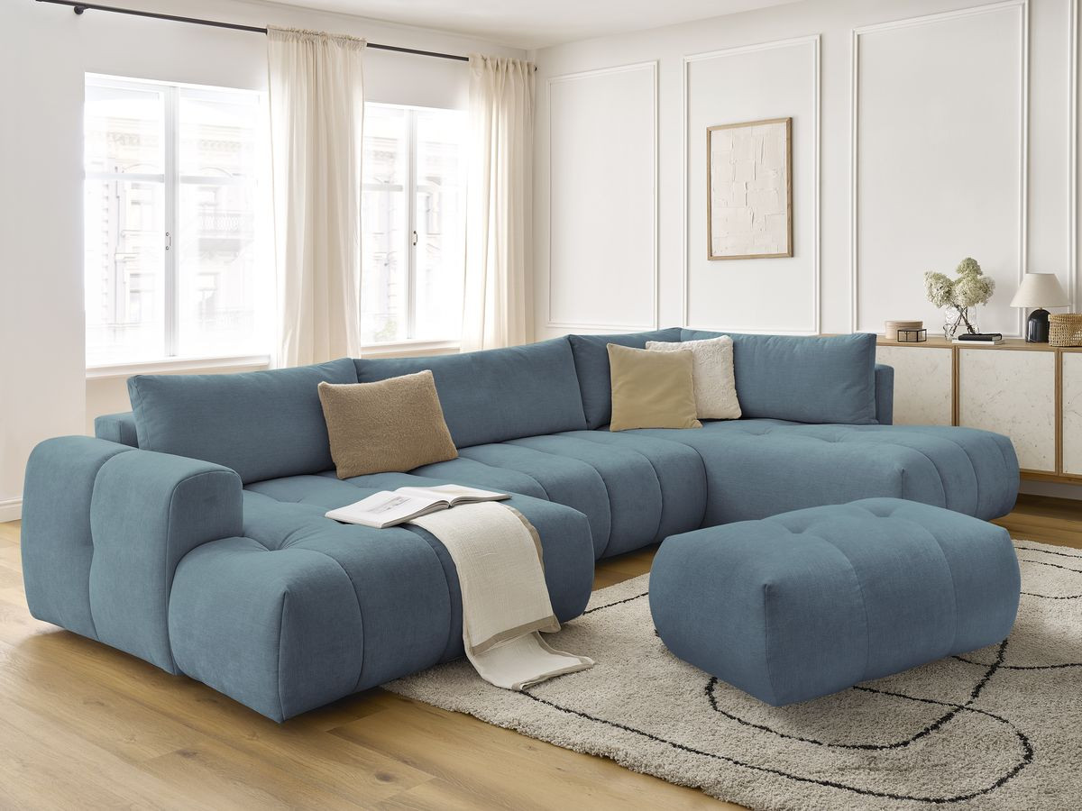 Canapé panoramique convertible FUJI tissu lisse avec pouf