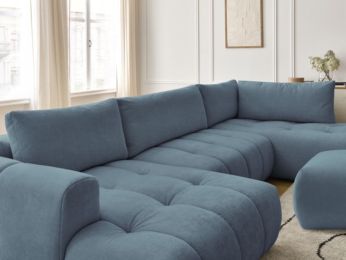 Canapé panoramique convertible FUJI tissu lisse avec pouf