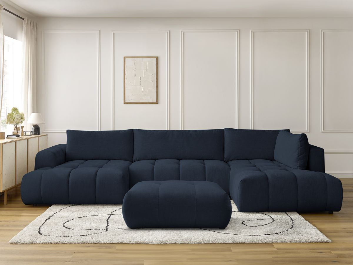 Canapé panoramique convertible FUJI tissu lisse avec pouf