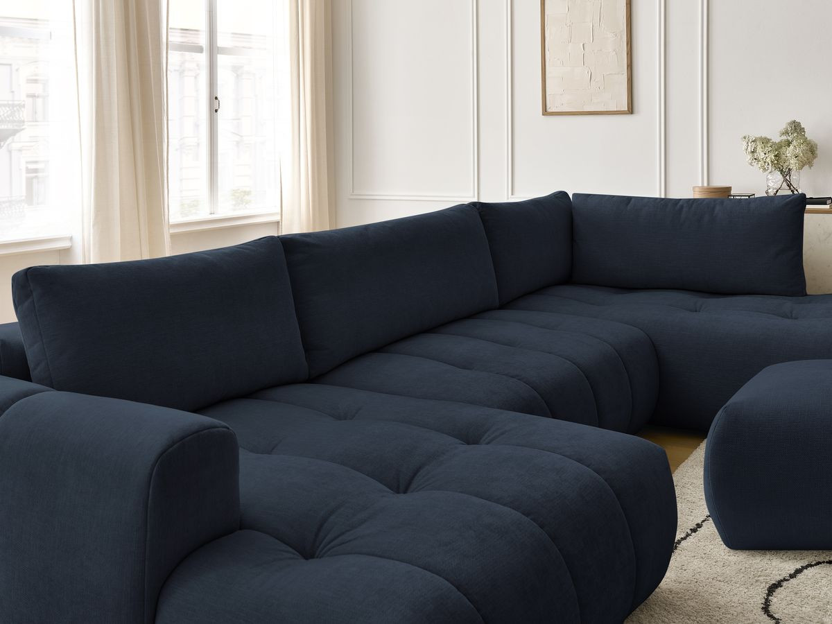 Canapé panoramique convertible FUJI tissu lisse avec pouf