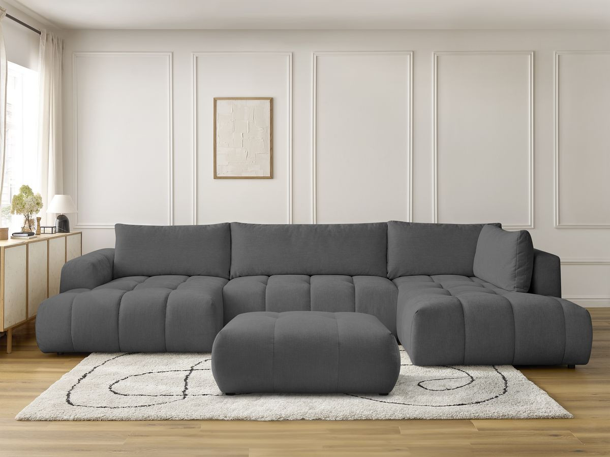 Canapé panoramique convertible FUJI tissu lisse avec pouf