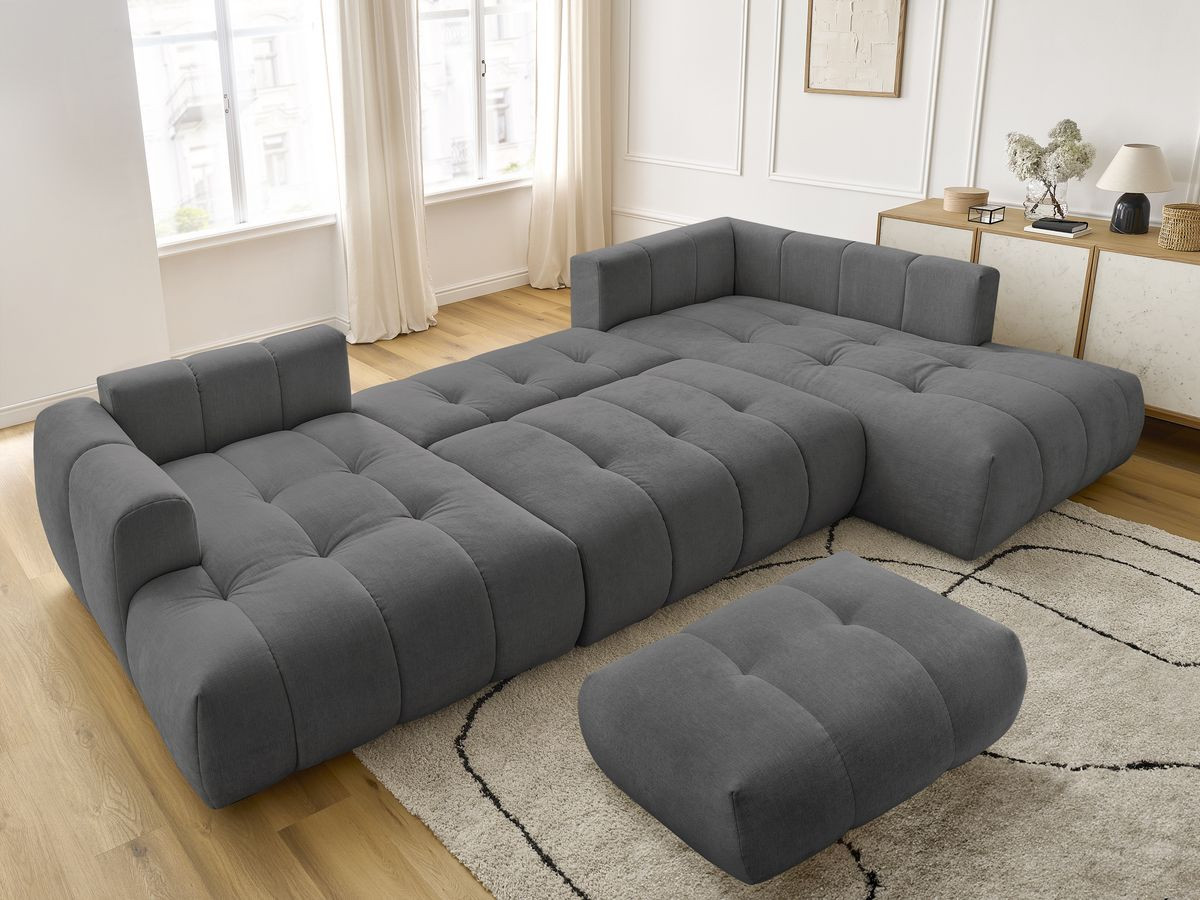 Canapé panoramique convertible FUJI tissu lisse avec pouf