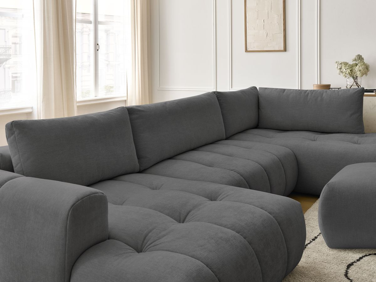 Canapé panoramique convertible FUJI tissu lisse avec pouf