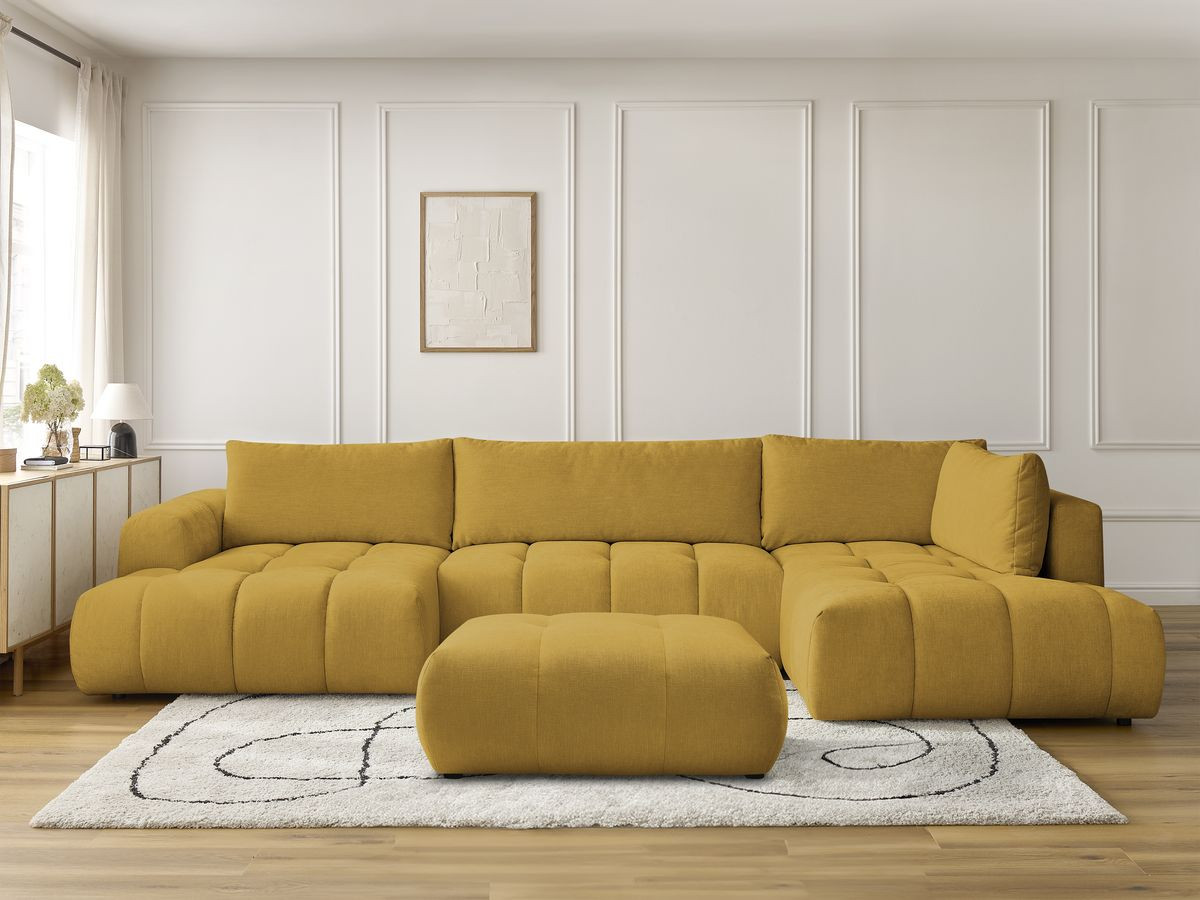 Canapé panoramique convertible FUJI tissu lisse avec pouf