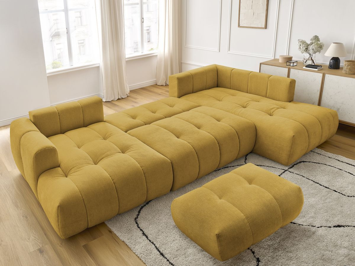 Canapé panoramique convertible FUJI tissu lisse avec pouf