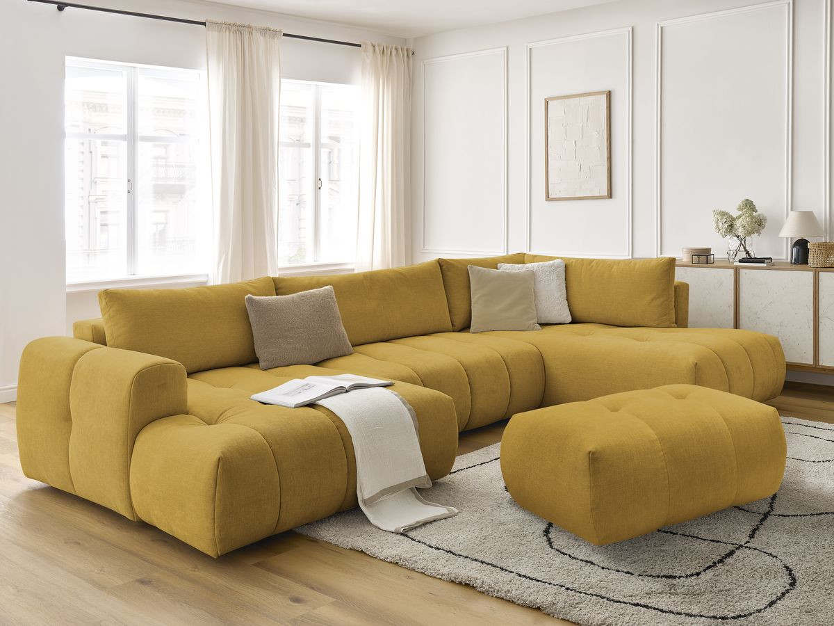 Canapé panoramique convertible FUJI tissu lisse avec pouf