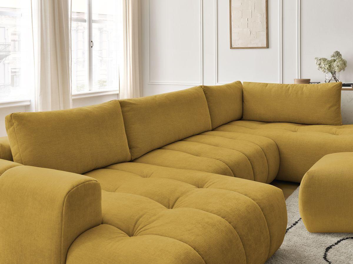 Canapé panoramique convertible FUJI tissu lisse avec pouf