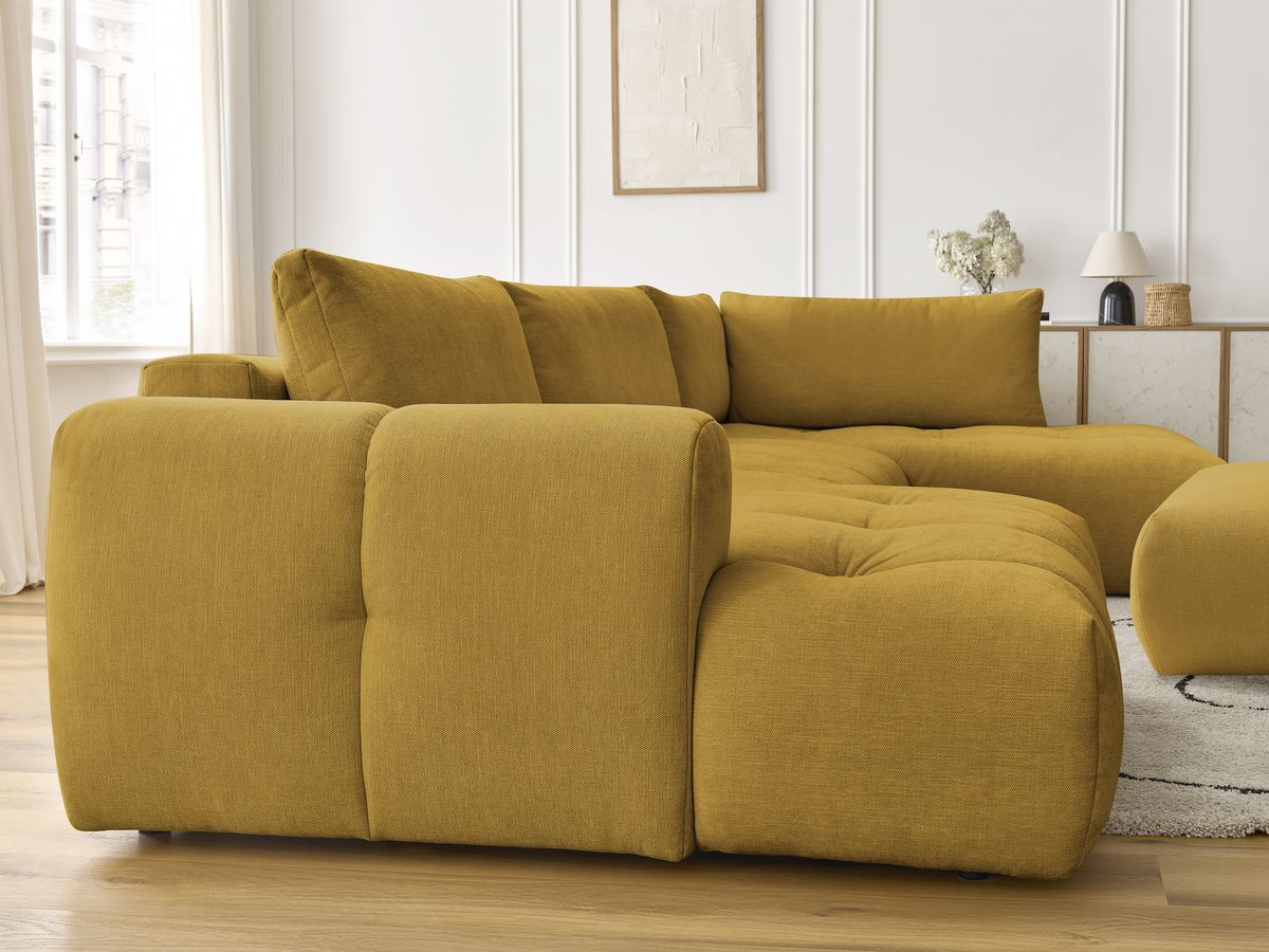 Canapé panoramique convertible FUJI tissu lisse avec pouf