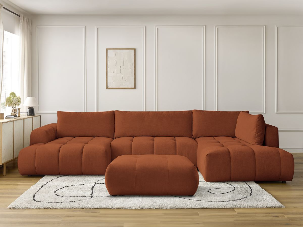 Canapé panoramique convertible FUJI tissu lisse avec pouf