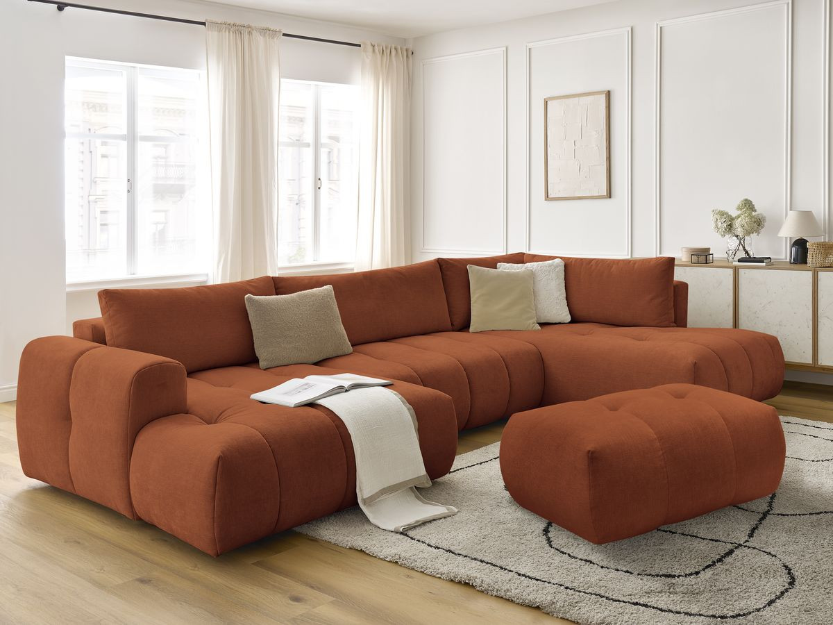 Canapé panoramique convertible FUJI tissu lisse avec pouf