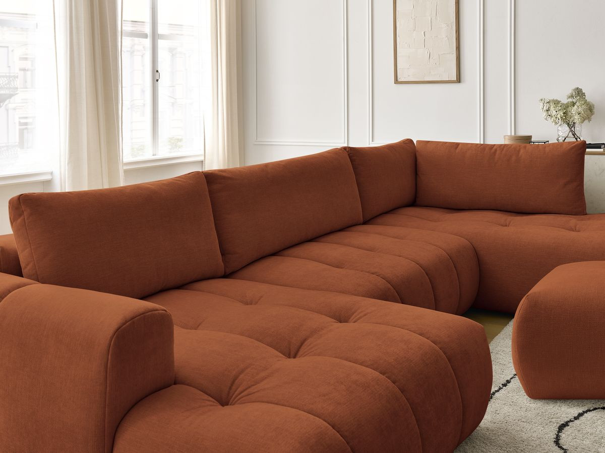 Canapé panoramique convertible FUJI tissu lisse avec pouf