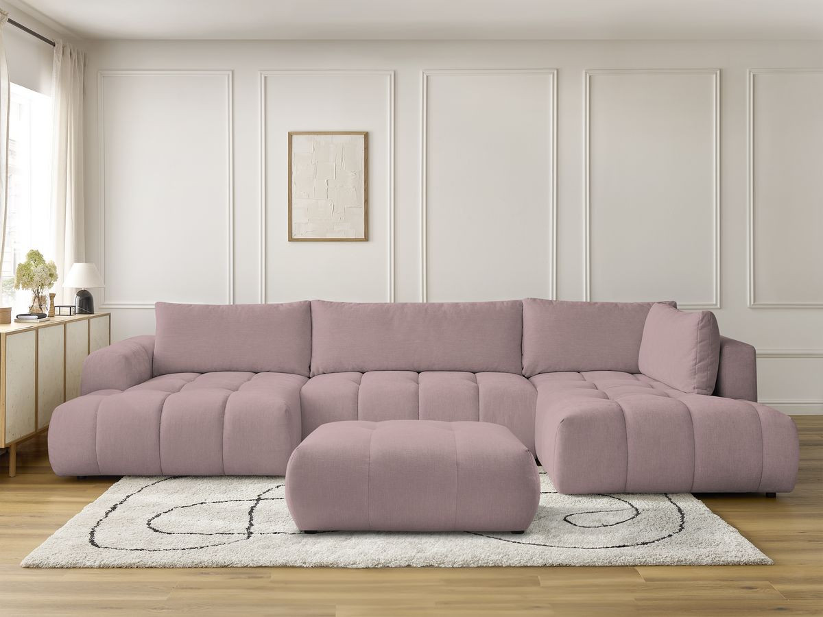 Canapé panoramique convertible FUJI tissu lisse avec pouf