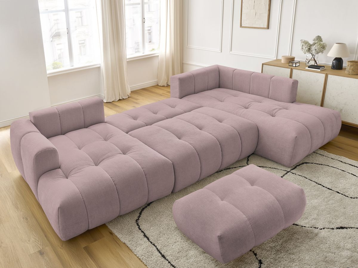 Canapé panoramique convertible FUJI tissu lisse avec pouf