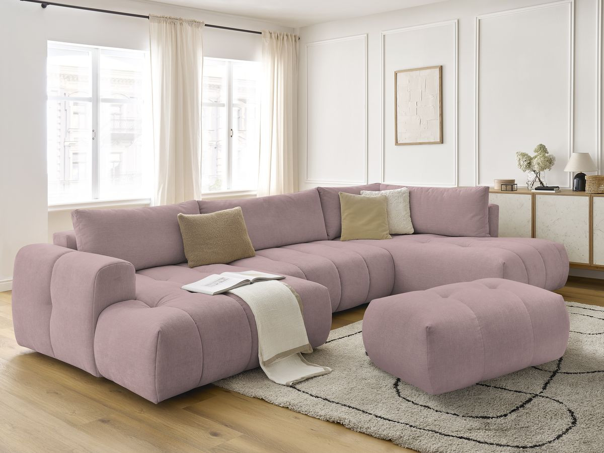Canapé panoramique convertible FUJI tissu lisse avec pouf
