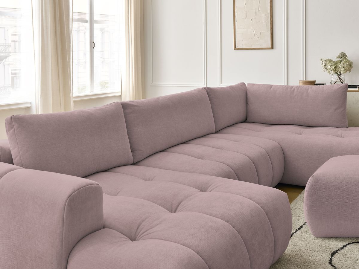Canapé panoramique convertible FUJI tissu lisse avec pouf