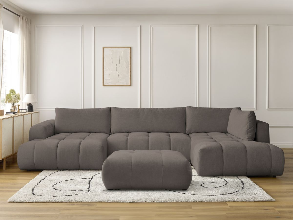 Canapé panoramique convertible FUJI tissu lisse avec pouf