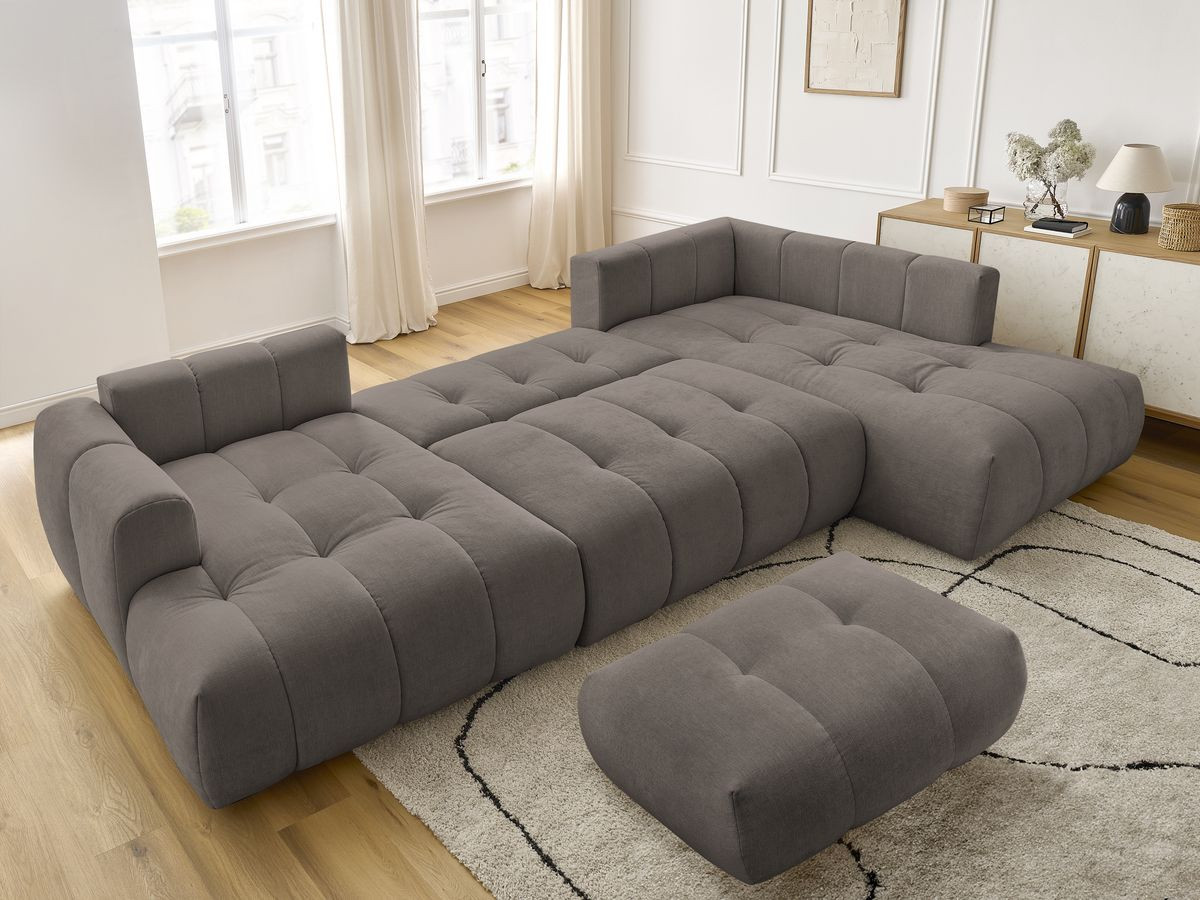 Canapé panoramique convertible FUJI tissu lisse avec pouf