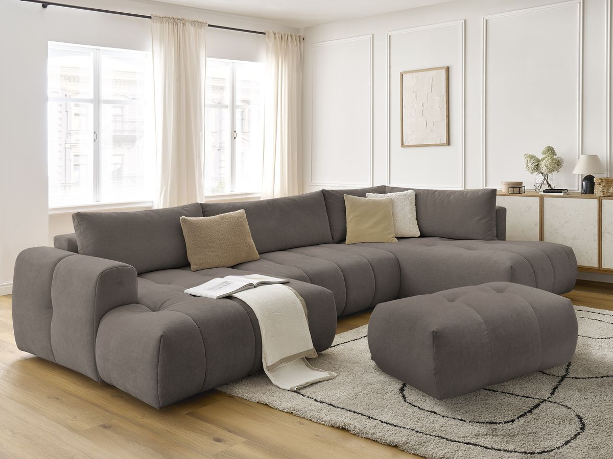 Canapé panoramique convertible FUJI tissu lisse avec pouf