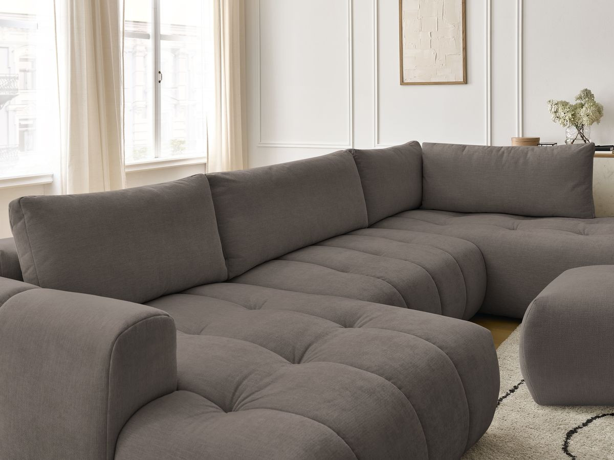 Canapé panoramique convertible FUJI tissu lisse avec pouf