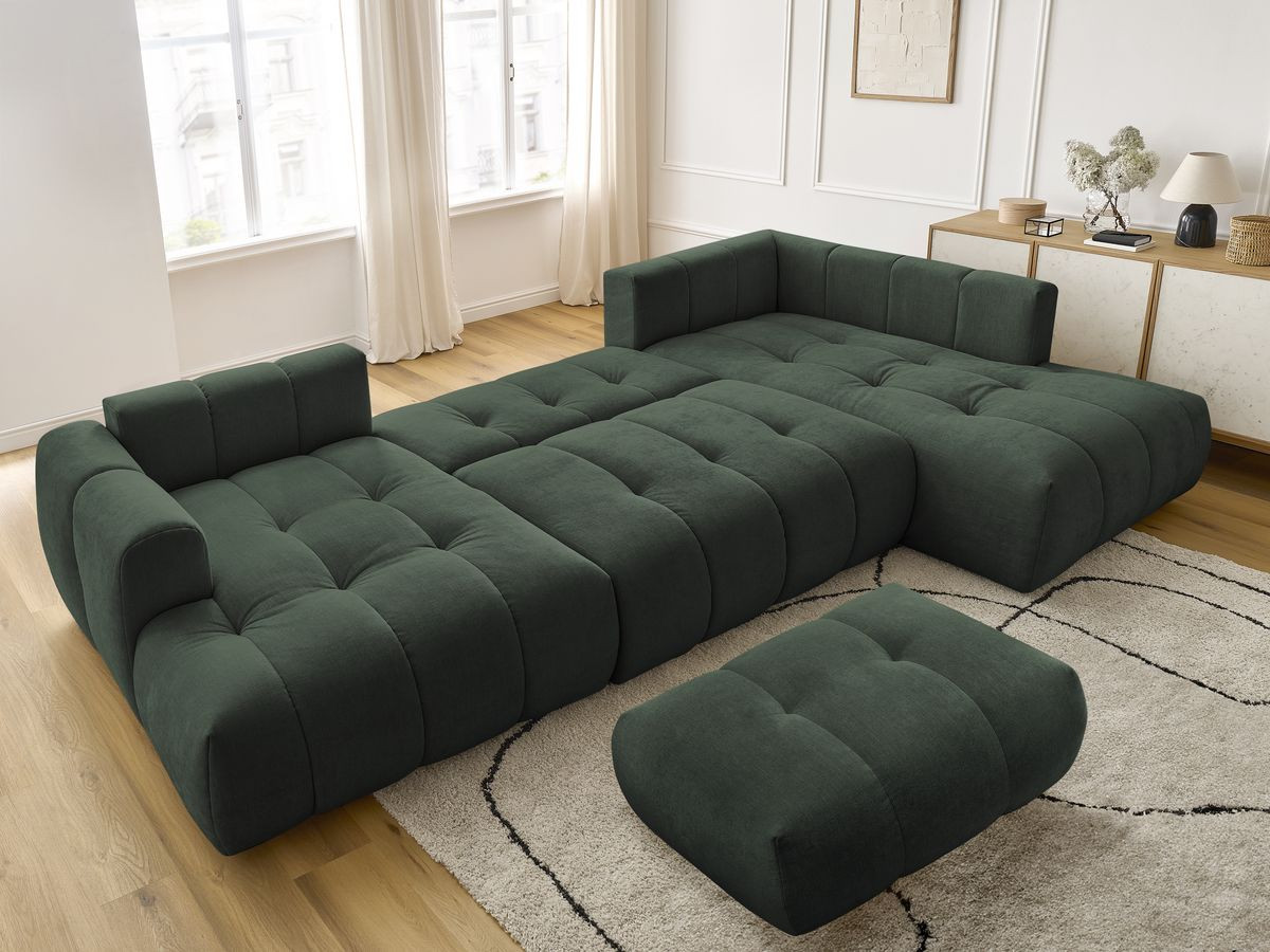 Canapé panoramique convertible FUJI tissu lisse avec pouf