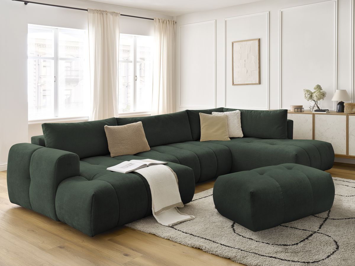 Canapé panoramique convertible FUJI tissu lisse avec pouf