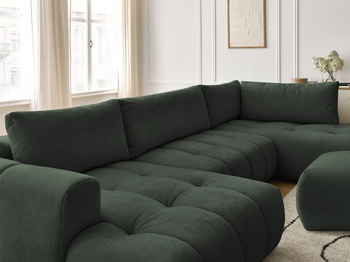 Canapé panoramique convertible FUJI tissu lisse avec pouf