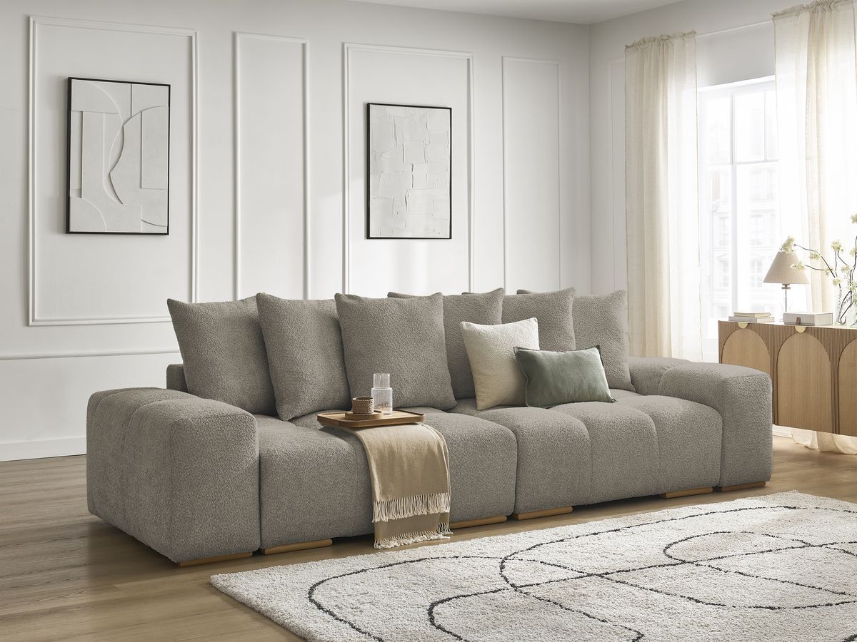 Canapé droit fixe 3 places ANAKIN tissu bouclette taupe BOBOCHIC