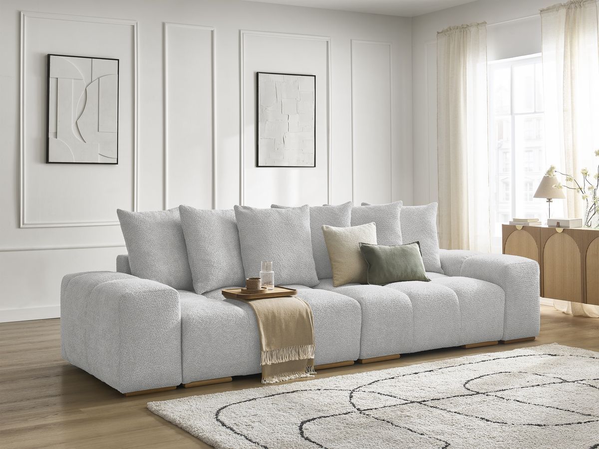 Canapé droit fixe 3 places ANAKIN tissu bouclette gris clair BOBOCHIC