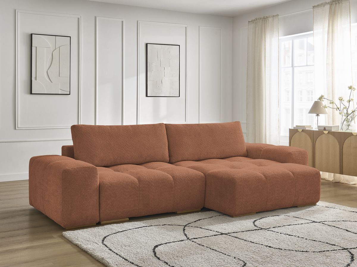 Canapé d'angle fixe EVEREST tissu chiné - Orange - Angle droit - 10 coussins