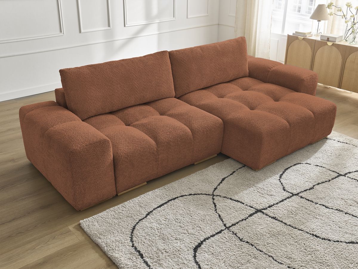 Canapé d'angle fixe EVEREST tissu chiné - Orange - Angle droit - 10 coussins