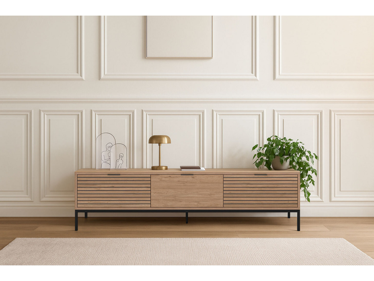 Meuble TV 3 tiroirs 180 cm AGATHE effet chêne