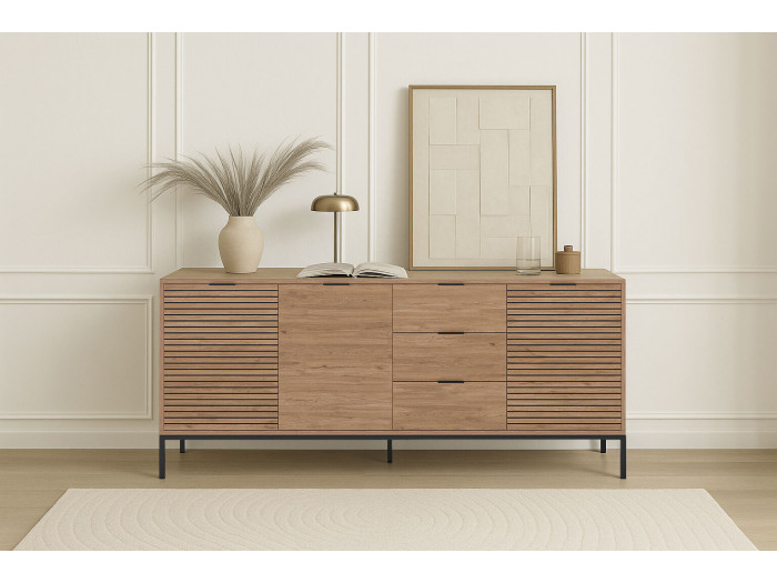 Buffet 3 portes 3 tiroirs 180 cm AGATHE effet chêne