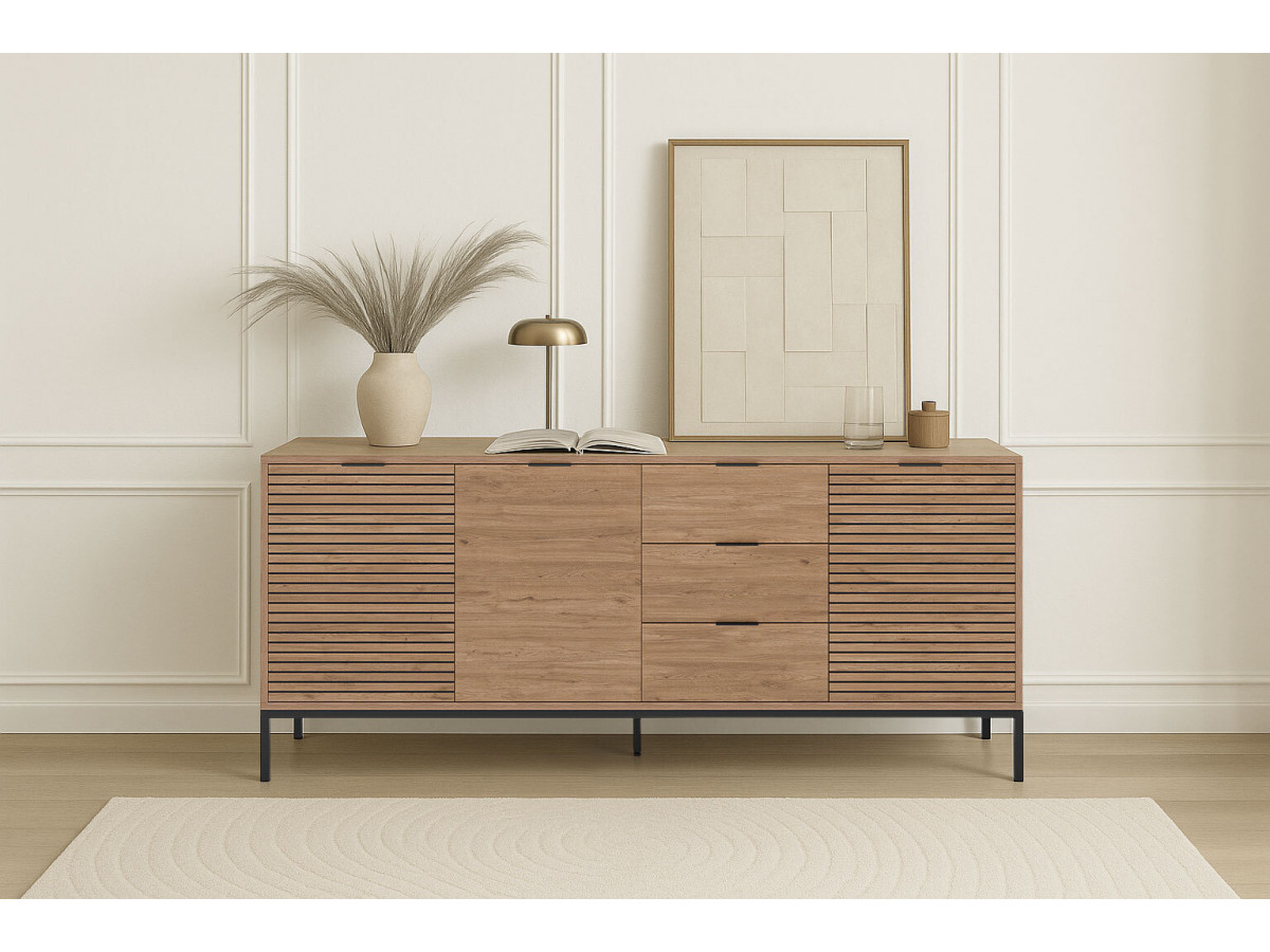 Buffet 3 portes 3 tiroirs 180 cm AGATHE effet chêne