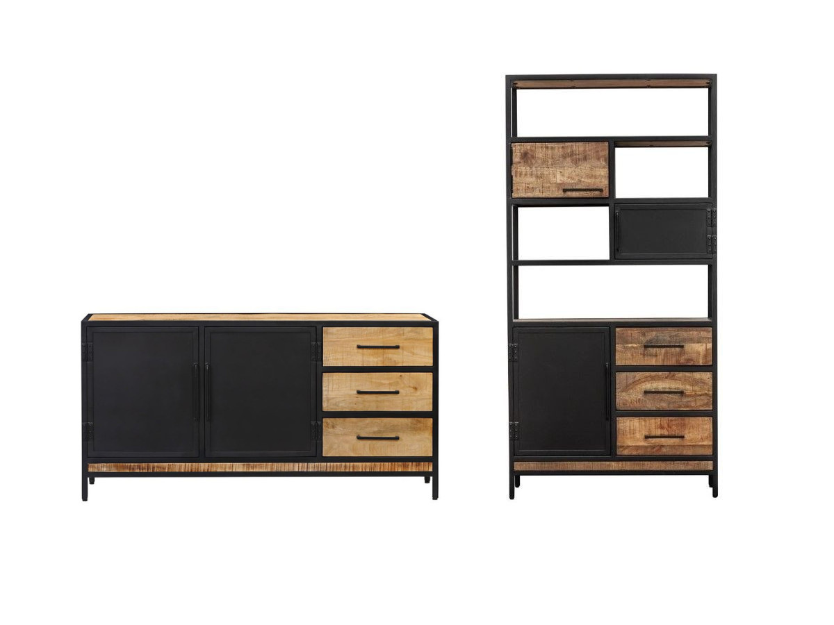 Ensemble BEAUBOURG avec Buffet 160 cm + Bibliothèque Bois de manguier