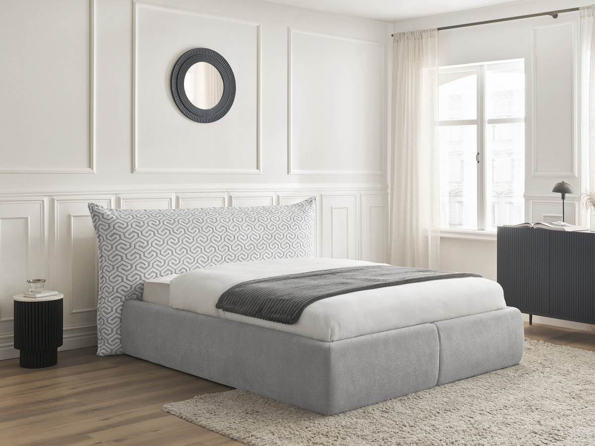 Lit coffre JADE Edition Limitée avec tête de lit effet oreiller tissu graphique