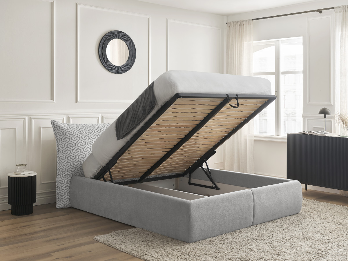 Lit coffre JADE Edition Limitée avec tête de lit effet oreiller tissu graphique