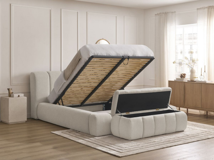 Lit coffre DENALI tissu lisse + Bout de lit DENALI