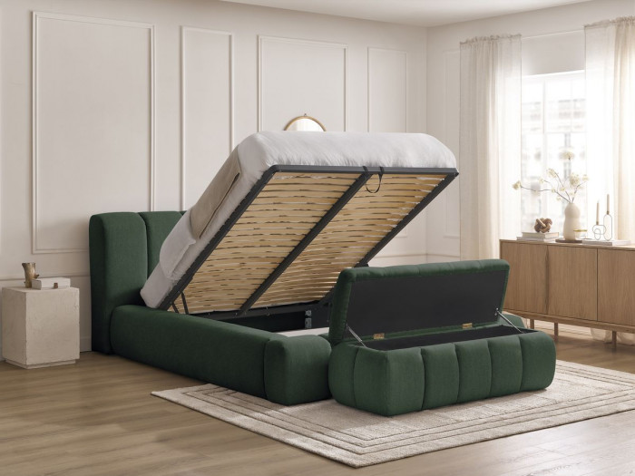 Lit coffre DENALI tissu lisse + Bout de lit DENALI
