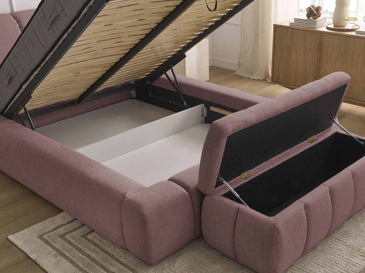 Lit coffre DENALI tissu lisse + Bout de lit DENALI